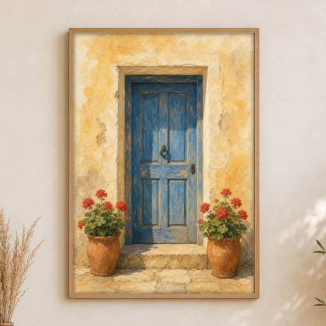 Blue Door with Geranium Pots Watercolour Poster (Shown framed for scale. Poster ships unframed; frames are an optional add-on.)