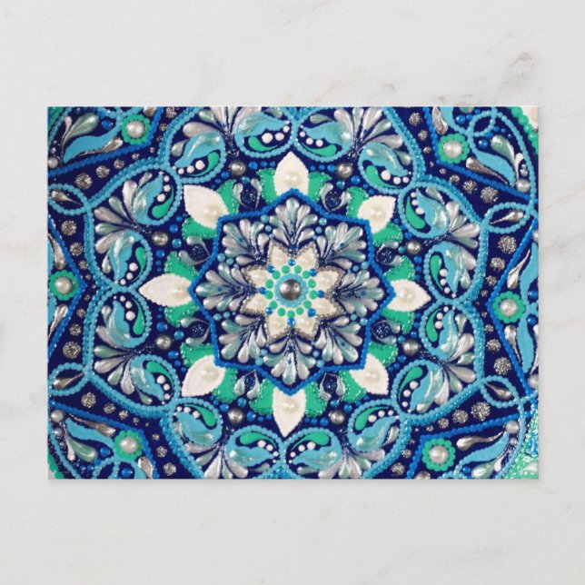 Blue dot art mandala announcement postcard (Front)