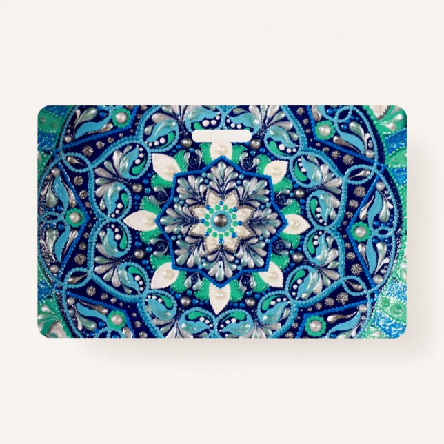 Blue dot art mandala trifold wallet badge (Front)