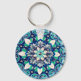 Blue dot art mandala trifold wallet keychain