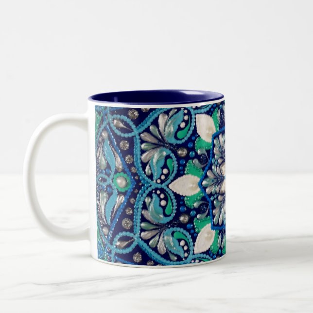 Blue dot art mandala Two-Tone coffee mug (Left)