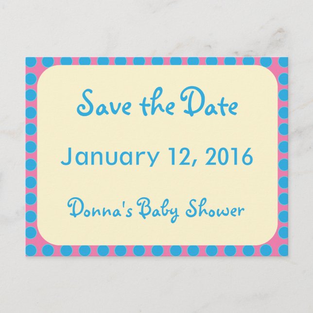 Blue Dots on Pink Save the Date Large Print Announcement Postcard (Front)
