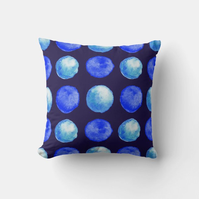 Blue Dots Watercolor Pattern Indigo Cerulean Throw Pillow (Front)