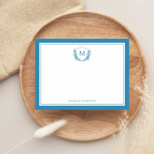 Blue Double Border Floral Crest Classic Monogram Card (Creator Uploaded)