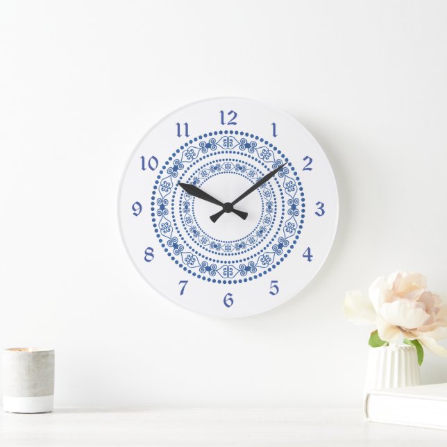 Blue Double Heart Border Large Clock (Home)