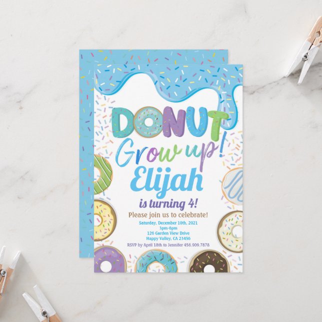 Blue Doughnut Grow Up Boy Kid Birthday Party Invit Invitation (Front/Back In Situ)