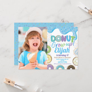 Blue Doughnut Grow Up Boy Kid Birthday Party Photo Invitation