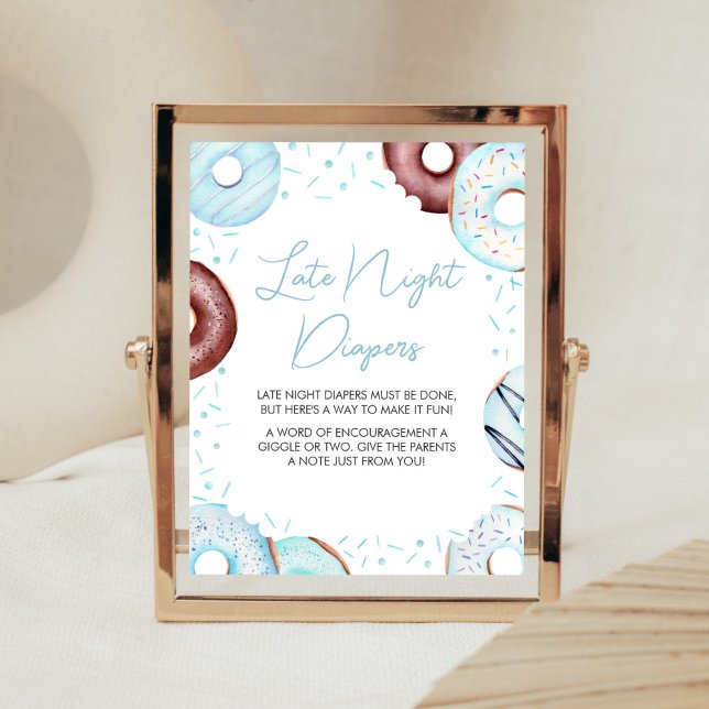 Blue Doughnuts and Diapers Late Night Diapers Poster (Donuts and Diapers Baby Shower Late Night Diapers Sign)