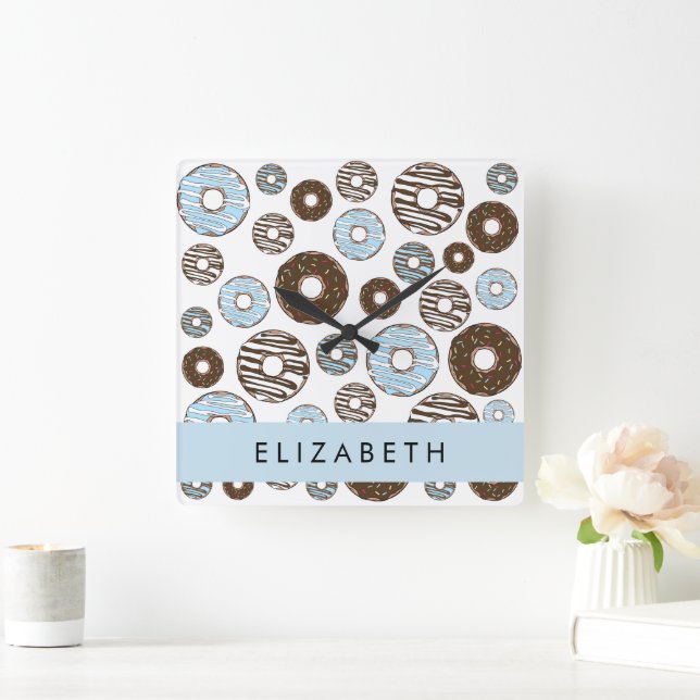 Blue Doughnuts, Brown Doughnuts, Sprinkles, Your N Square Wall Clock (Home)