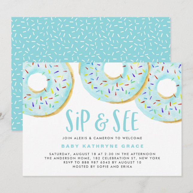 Blue Doughnuts Sprinkles Baby Shower Sip and See Invitation (Front/Back)