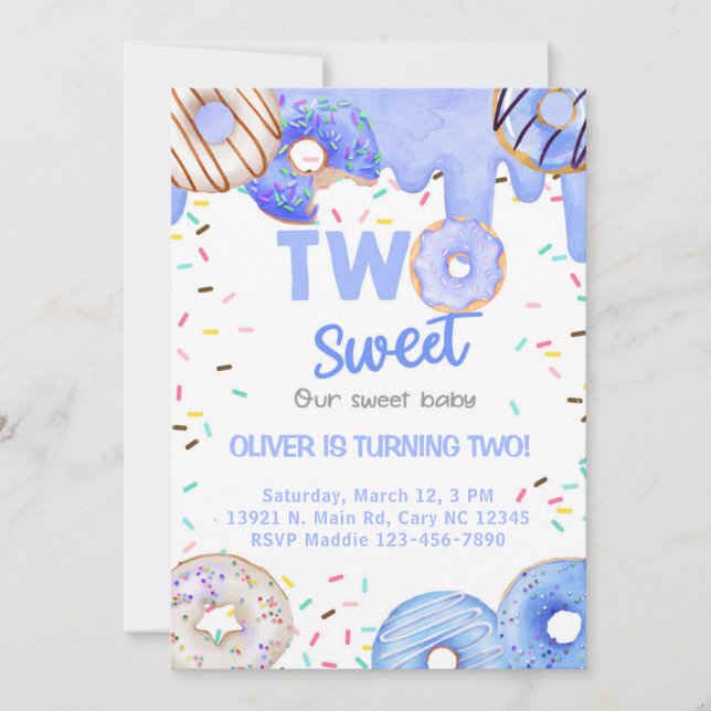 Blue doughnuts sweet two boy 2nd birthday invite. invitation (Front)