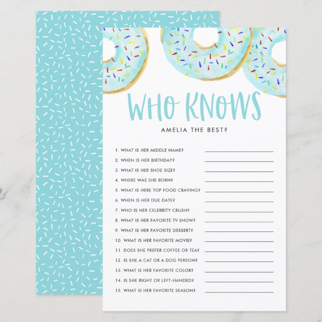 Blue Doughnuts Who Knows Mom Best Baby Shower Game (Front/Back)