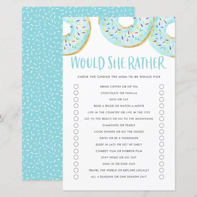 Blue Doughnuts Would She Rather Baby Shower Game (Front/Back)