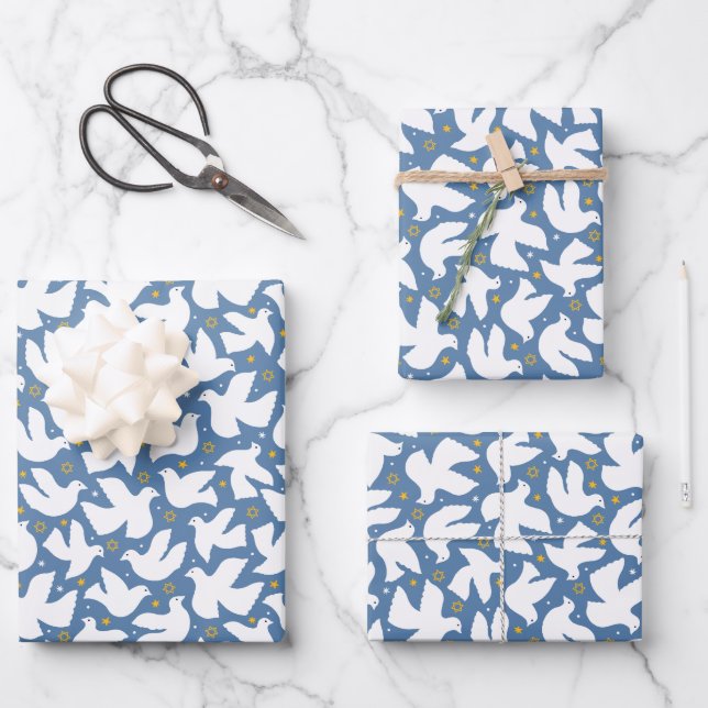 Blue Dove Hanukkah Star of David Wrapping Paper (Front)