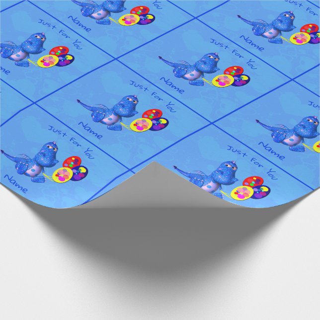 Blue Dragon And Balloons Personalized Birthday Wrapping Paper (Corner)