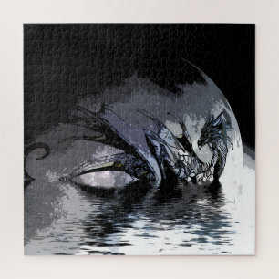Blue Dragon and Moon Illustration Jigsaw Puzzle