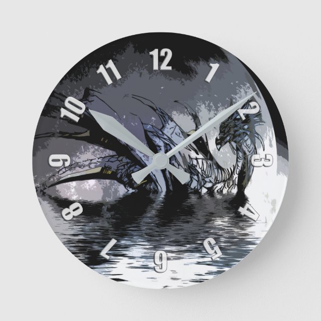 Blue Dragon and Moon Illustration   Round Clock (Front)
