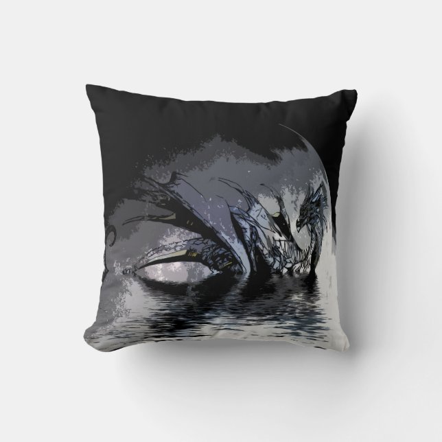 Blue Dragon and Moon Illustration  Throw Pillow (Front)