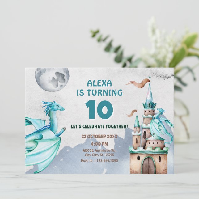 Blue Dragon castle watercolor birthday Invitation (Standing Front)