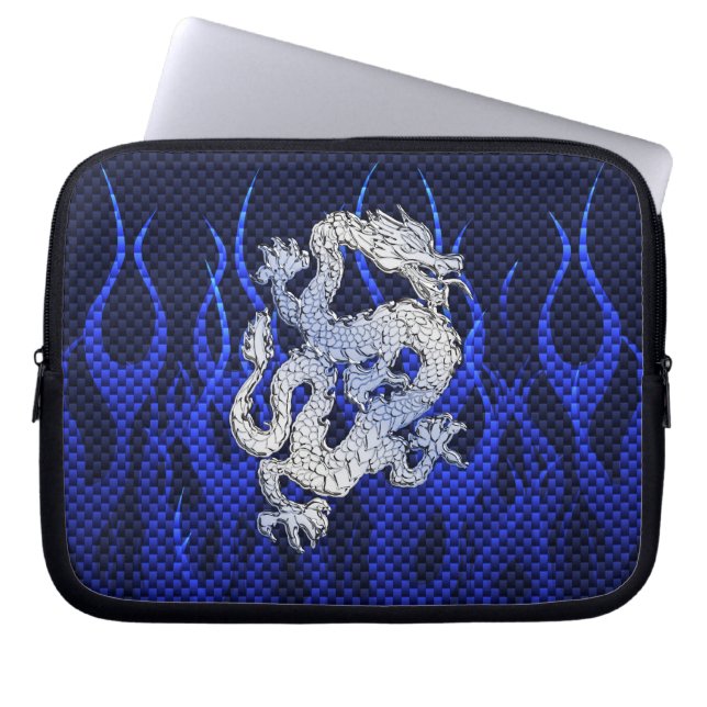 Blue Dragon Chrome like Carbon Fibre flames Laptop Sleeve (Front)
