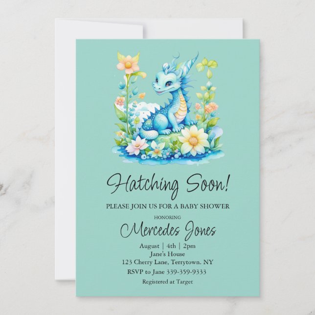 Blue Dragon Floral Hatching Soon Baby Shower  Invitation (Front)