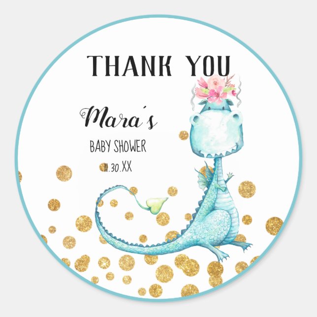 *~* Blue Dragon Glitter Baby Girl Shower Thank You Classic Round Sticker (Front)