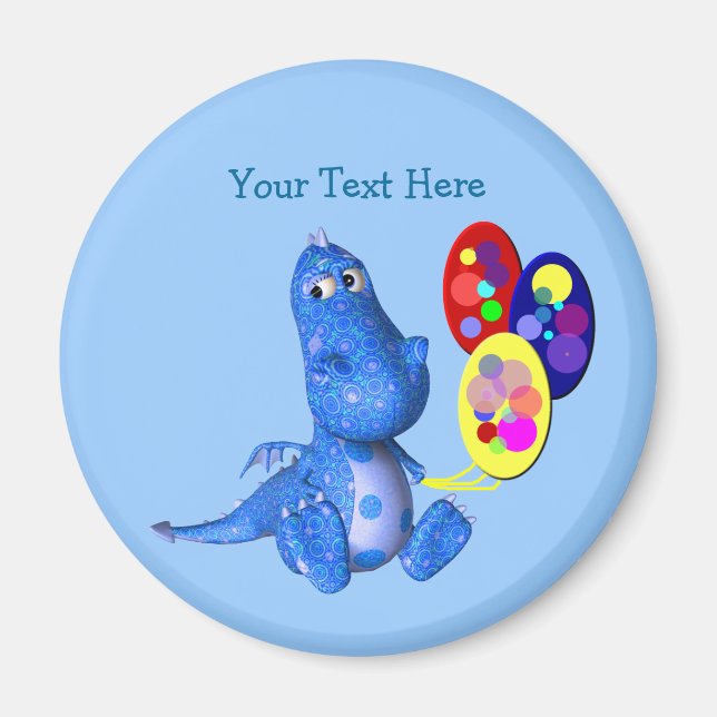 Blue Dragon Holding Balloons Cute Magnet (Front)