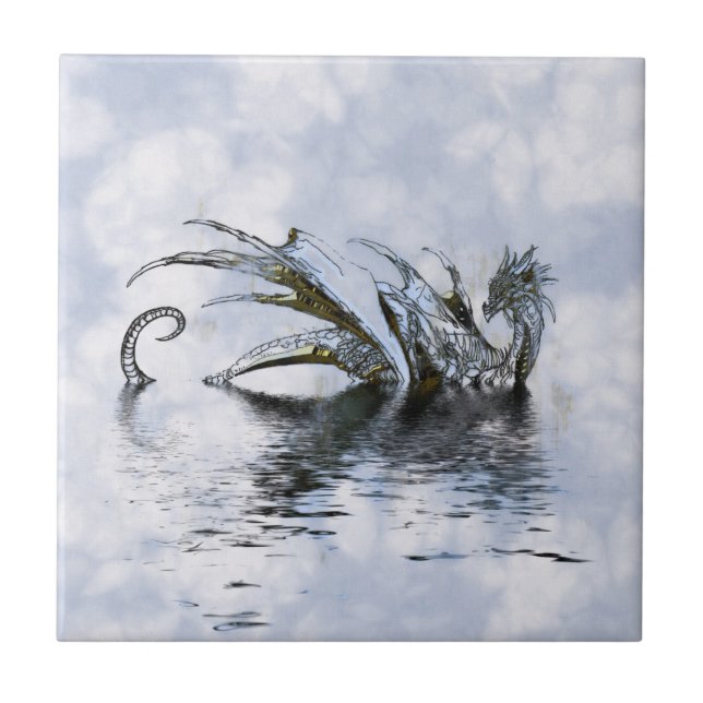 Blue Dragon Illustration with clouds and water Tile (Front)