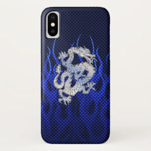 Blue Dragon in Chrome Carbon like flames iPhone XS Case