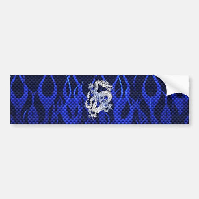 Blue Dragon in Chrome Carbon racing flames Bumper Sticker (Front)