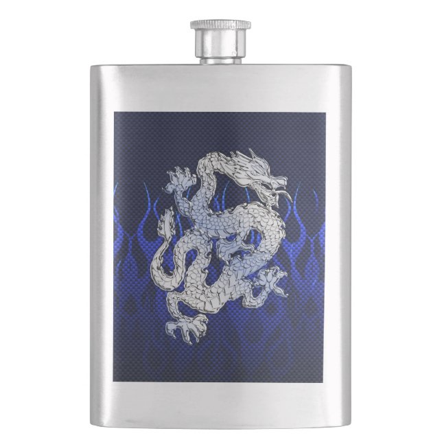 Blue Dragon in Chrome Carbon racing flames Hip Flask (Front)