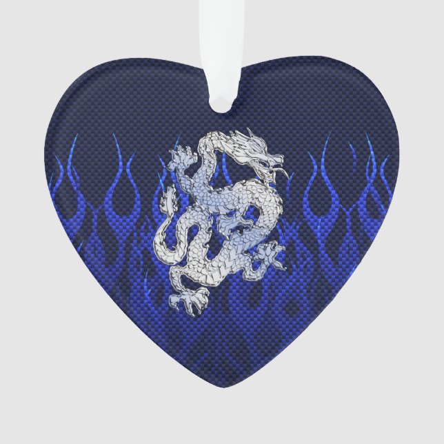 Blue Dragon in Chrome Carbon racing flames Ornament (Front)