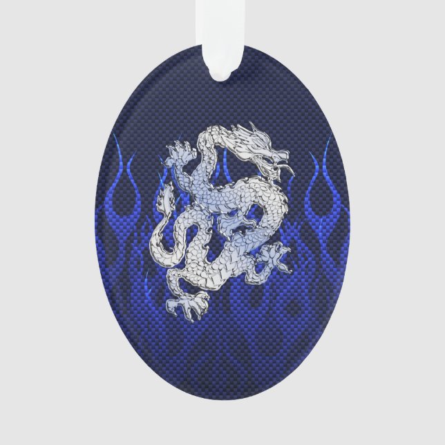 Blue Dragon in Chrome Carbon racing flames Ornament (Front)