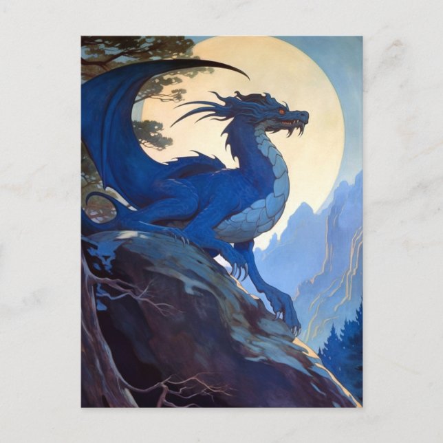 Blue Dragon Night Full Moon Fantasy Art Postcard (Front)
