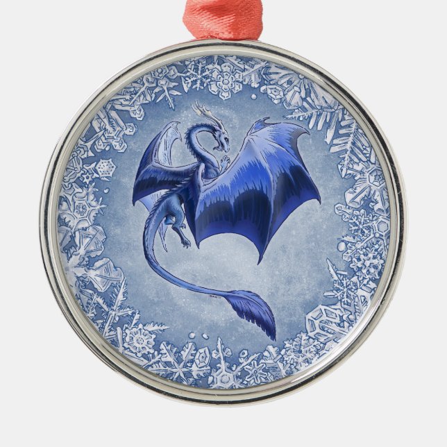 Blue Dragon of Winter Fantasy Nature Art Metal Ornament (Front)