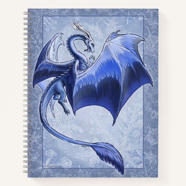 Blue "Dragon of Winter" Snowflakes Fantasy Art Notebook (Front)
