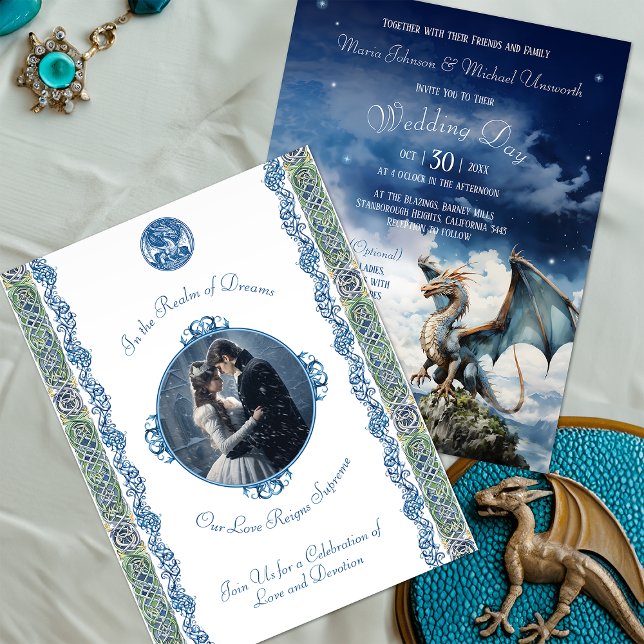 Blue Dragon RSVP Celtic Wedding Invitation Postcard (Creator Uploaded)