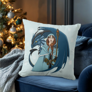  Blue Dragon Sorceress Snowflakes Throw Pillow