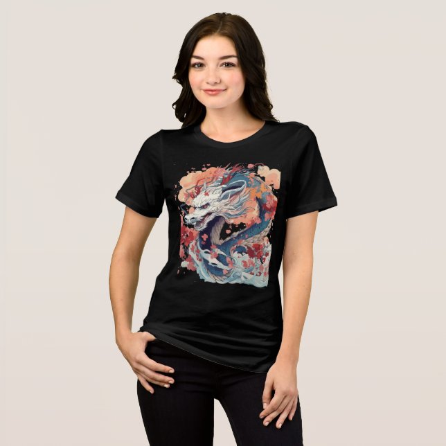 Blue Dragon with Blossoms and Clouds Tri-Blend Shirt (Front Full)