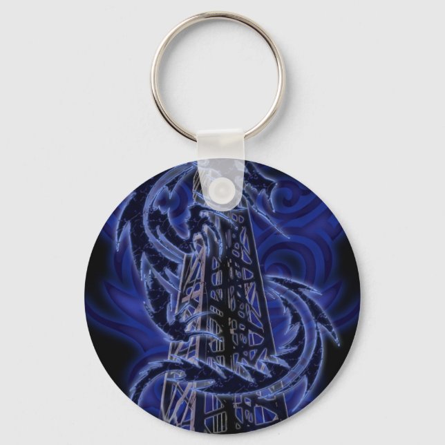 Blue dragon wrapping around derrick keychain (Front)