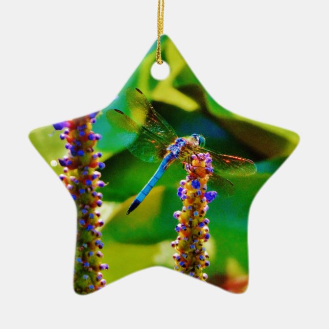 Blue Dragonfly and flowers Ceramic Ornament (Front)