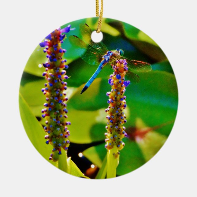 Blue Dragonfly and flowers Ceramic Ornament (Front)