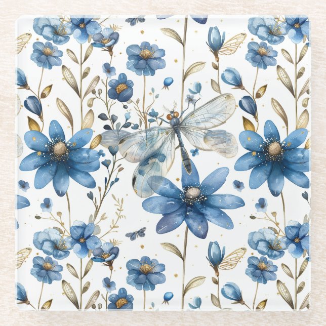 Blue Dragonfly and Flowers Floral Drink Coasters (Front)