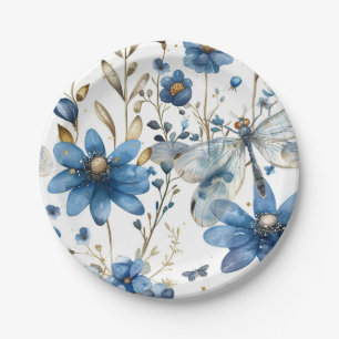 Blue Dragonfly and Flowers Floral Paper Plates