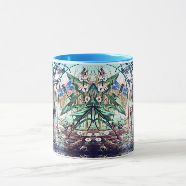 Blue Dragonfly at the pond vintage illustration  Mug (Center)