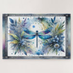 Blue Dragonfly Botanical Watercolor Jigsaw Puzzle<br><div class="desc">A luminous blue dragonfly spreads delicate wings across a dreamy watercolor botanical scene, surrounded by soft florals, airy leaves, and scattered paint splashes. Shades of sapphire, teal, indigo, and gentle pastel greens blend into a light, painterly background that feels calm and enchanting. The dragonfly’s iridescent wings shimmer with layered watercolor...</div>