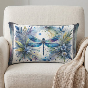 Blue Dragonfly Botanical Watercolor Lumbar Pillow