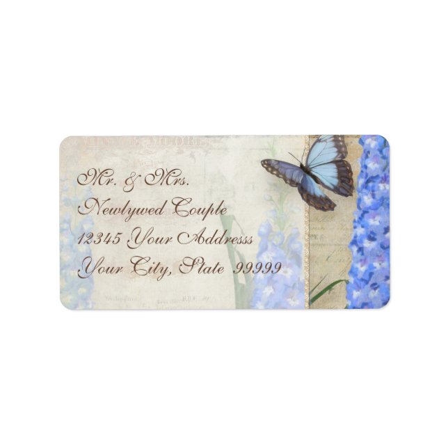 Blue Dragonfly Butterfly Delphinium n Poppy Floral Label (Front)
