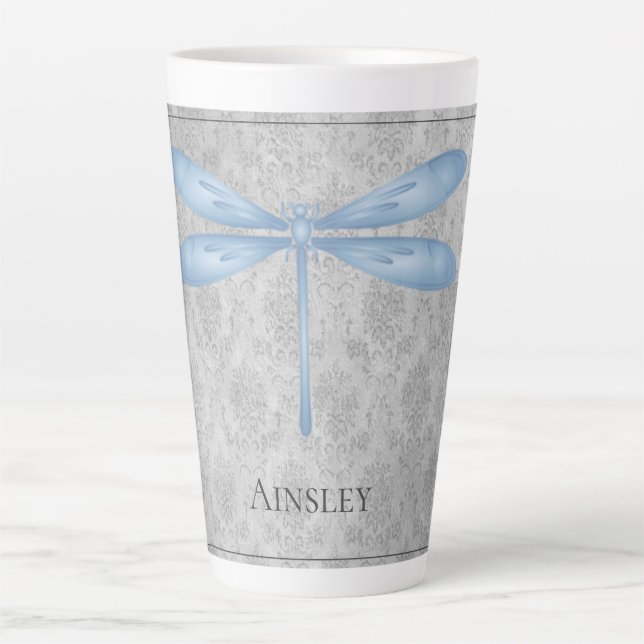 Blue Dragonfly Damask Latte Mug (Front)