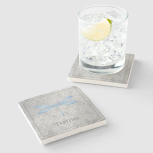 Blue Dragonfly Damask Stone Coaster